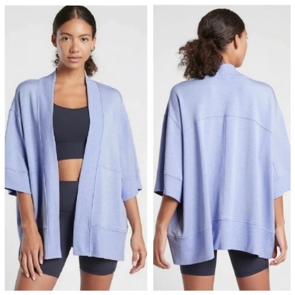 Athleta Sweaters - ATHLETA Lotus Wrap Size S/M Heather Blue Short Sleeve Open Front Comfy Cardigan